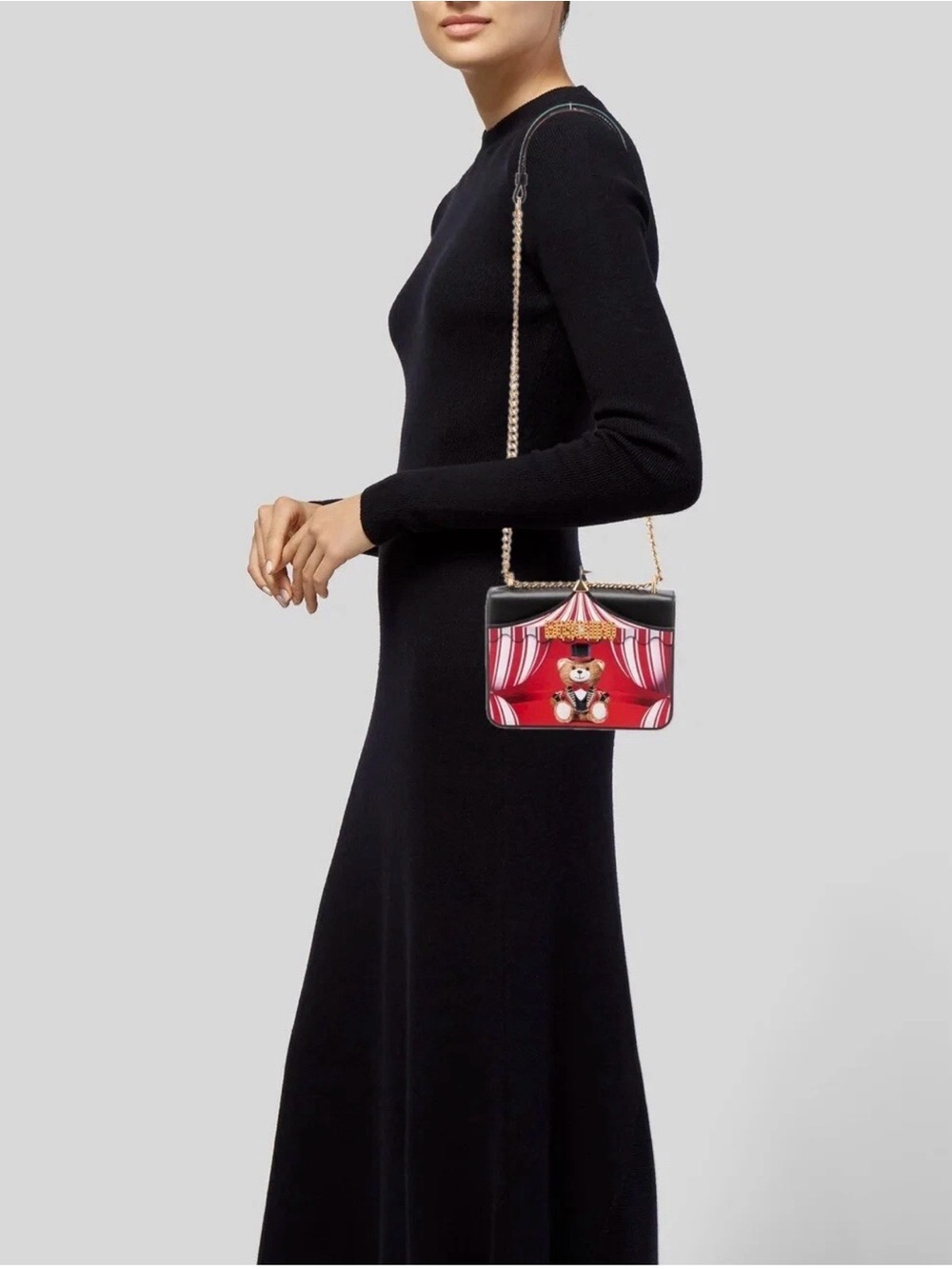 Moschino Black & Red Teddy Circus Shoulder Bag with Gold Chain Strap